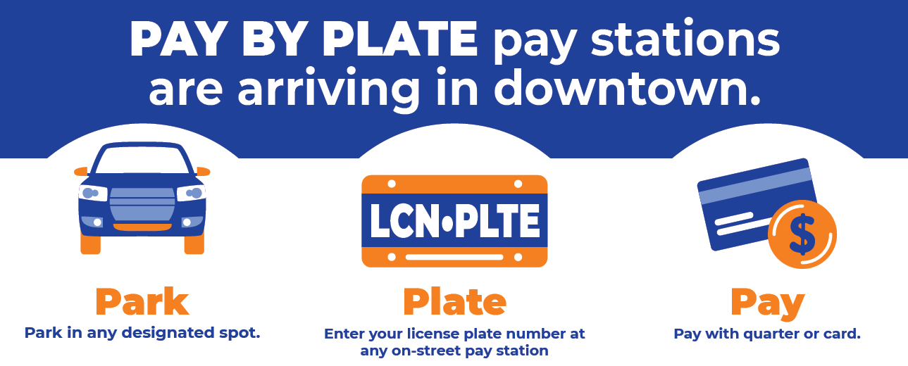 Click for more information Pay by Plate pay stations for parking